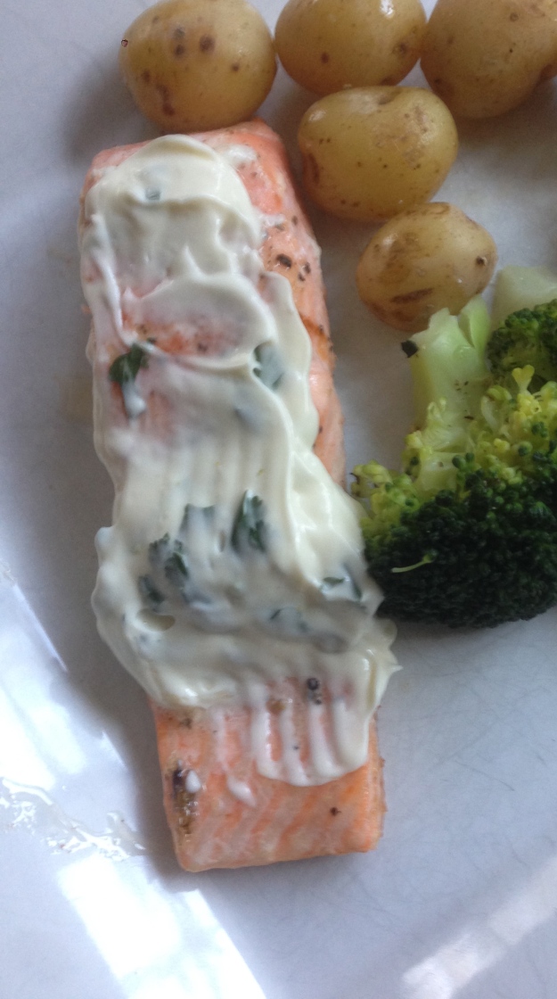 Pan Fried Salmon Steaks with lime and coriander mayo